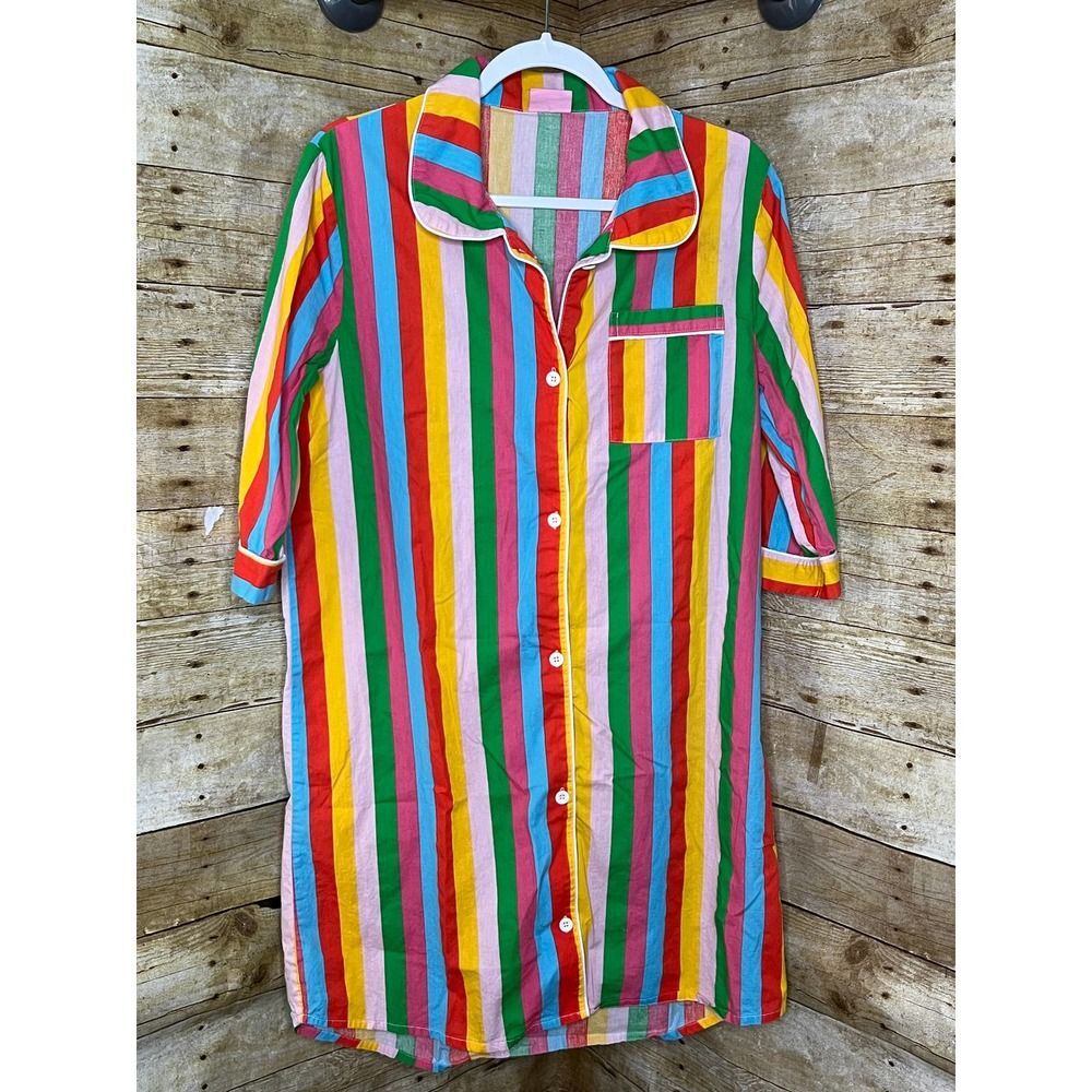 BAN.DO RAINBOW STRIPES 3/4 SLEEVE LEISURE DRESS CASUAL NIGHTSHIRT SIZE MEDIUM